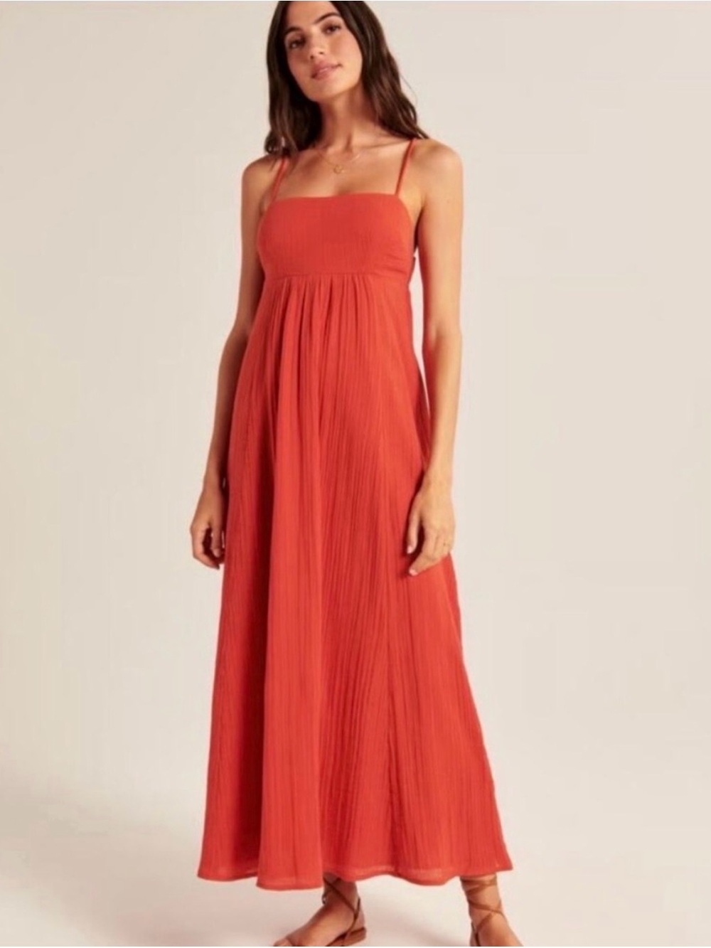 Abercrombie & Fitch Red Cotton Gauze Babydoll Maxi Dress Square Neck Size SP